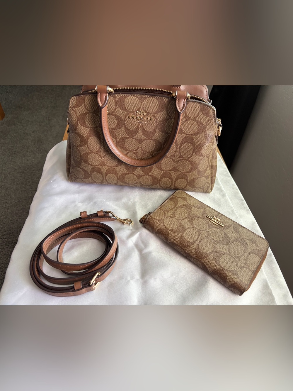 Coach Brown Signature Canvas Satchel with Matching Wallet